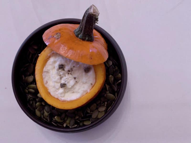 The palette cleanser of Pumpkin Sorbet, Muscovado Cream, Spiced Syrup and Basil 