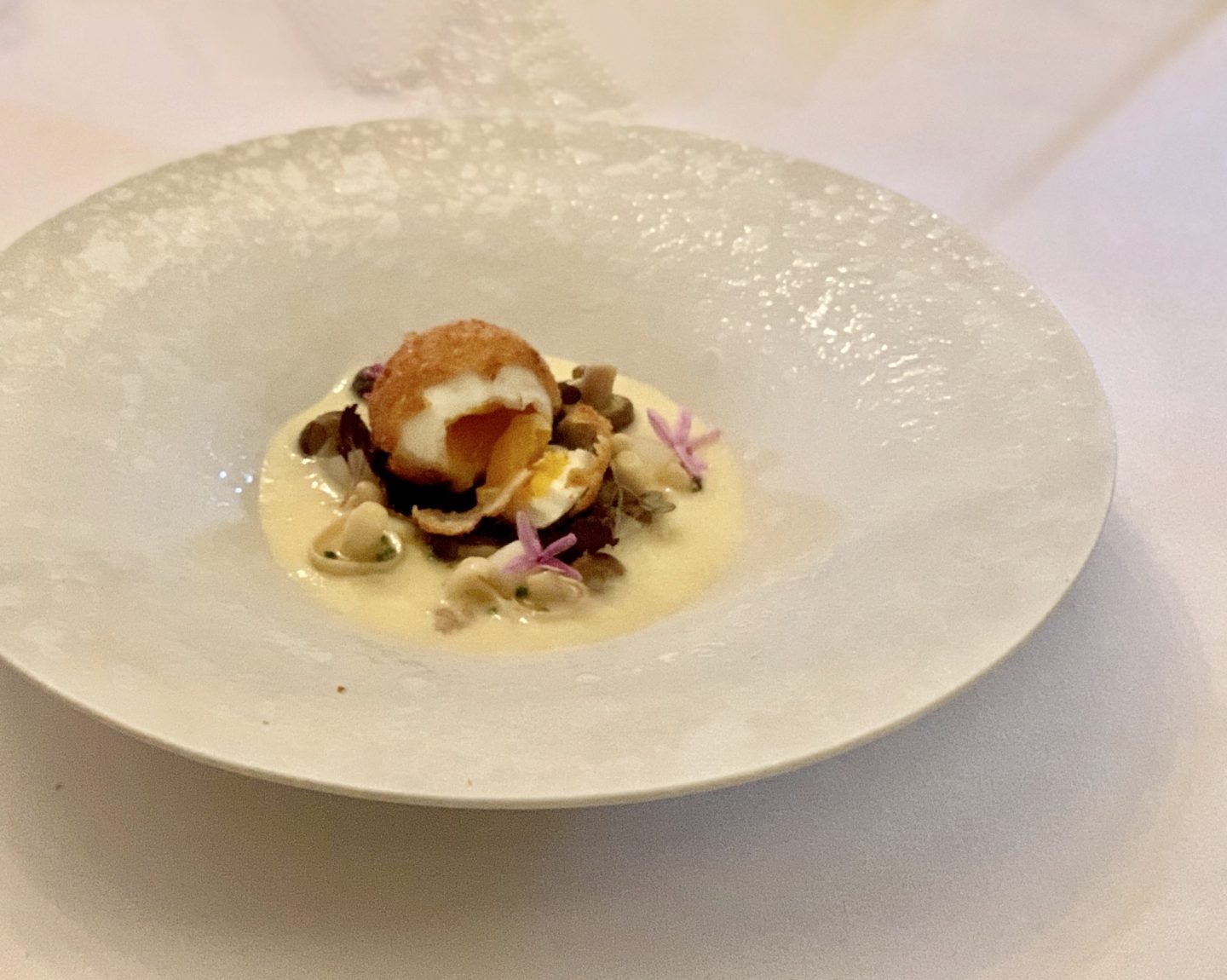 A beautiful pearl and white plate with Turnip Broth, Crispy Hens Egg and Black Garlic. The yolk of teh egg is perfectly runny