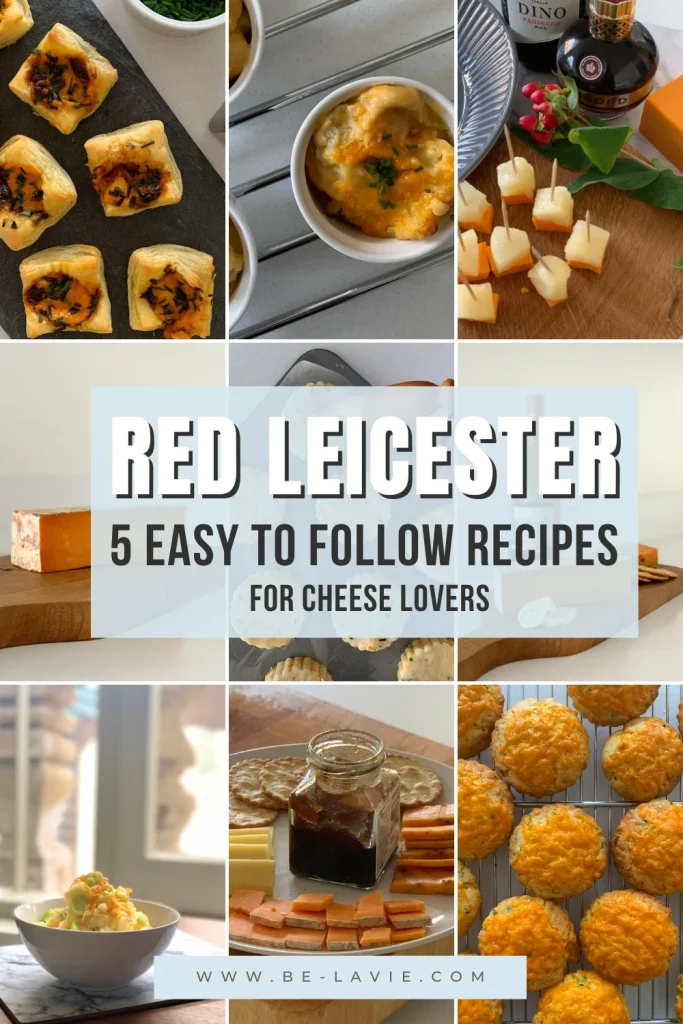Red Leicester cheese Pinterest Pin with 9 images overlaid with text