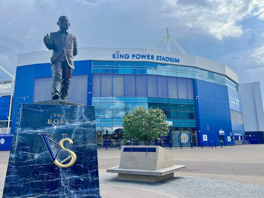 King Power Stadium, Leicester photo taken from outside of the Stadium with the statue of Ex Boss Vichai right outside the stadium