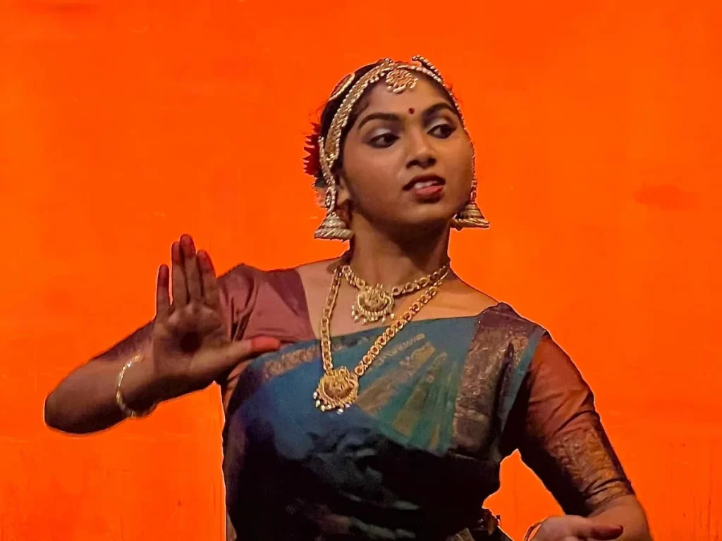 An Indian classical dancer, wearing traditional dress during An Indian Summer 2025 in Leicester
