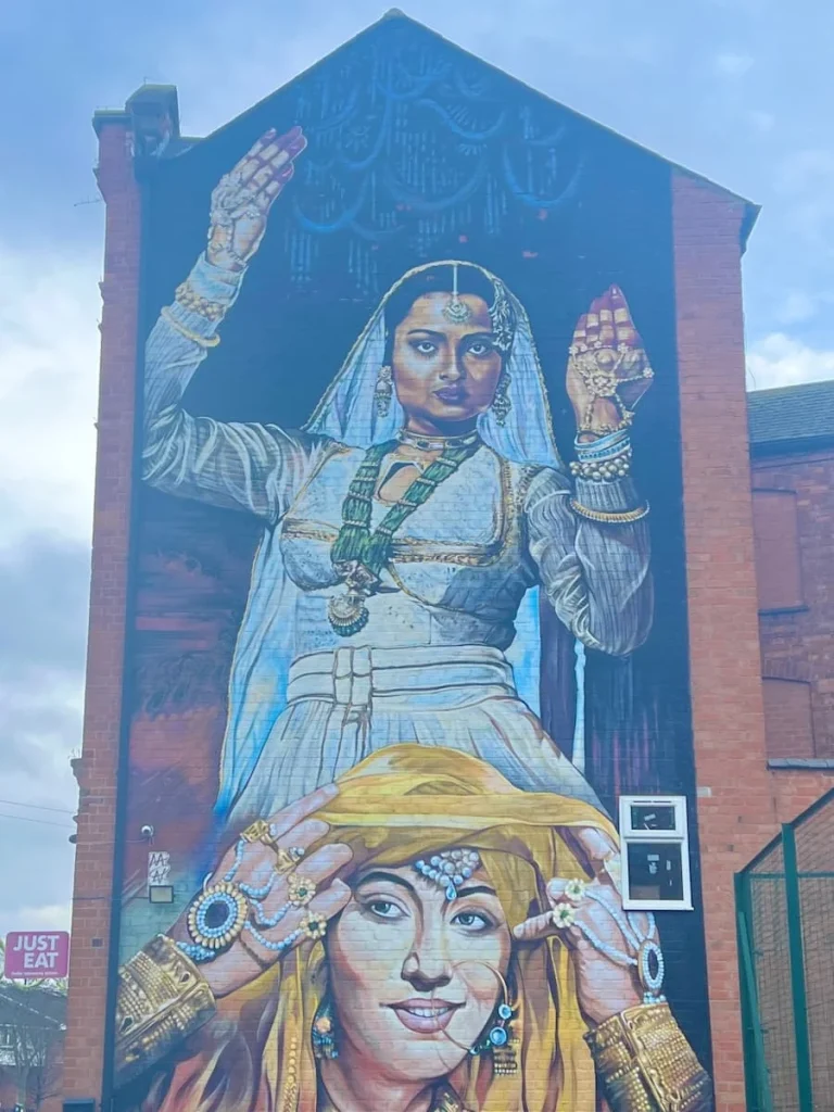 Rekha and Madhubala, Bollywood actresses Mural in bright colours on Garfield Street, Leicester