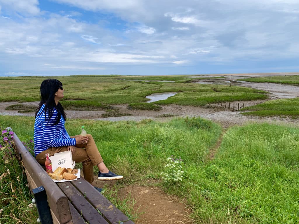 A picnic with pastries, cakes and pasties, Belvoir lemonade from Thornham deli. Bejal sitting on a bench with a blue and white striped breton. The picnic has been set up at Thornham Marshes on a bench with the sea in the background and grasslands surrounding, Norfolk