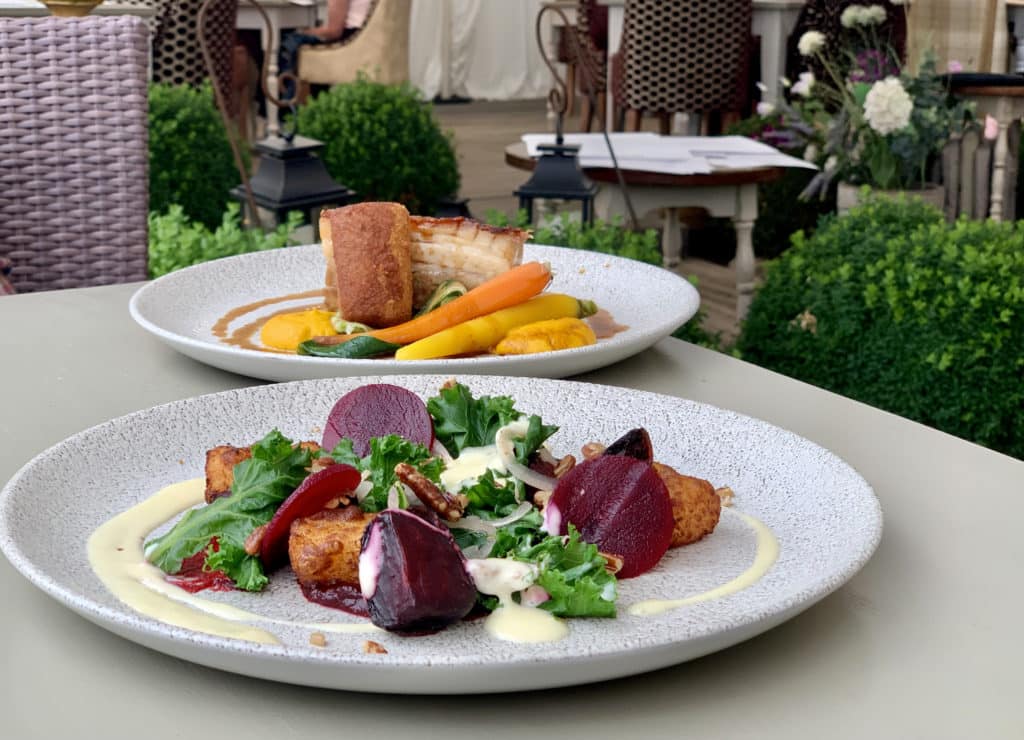 Main dish of Beetroot textures side view on a large white plate at The Wiveton Bell in Norfolk