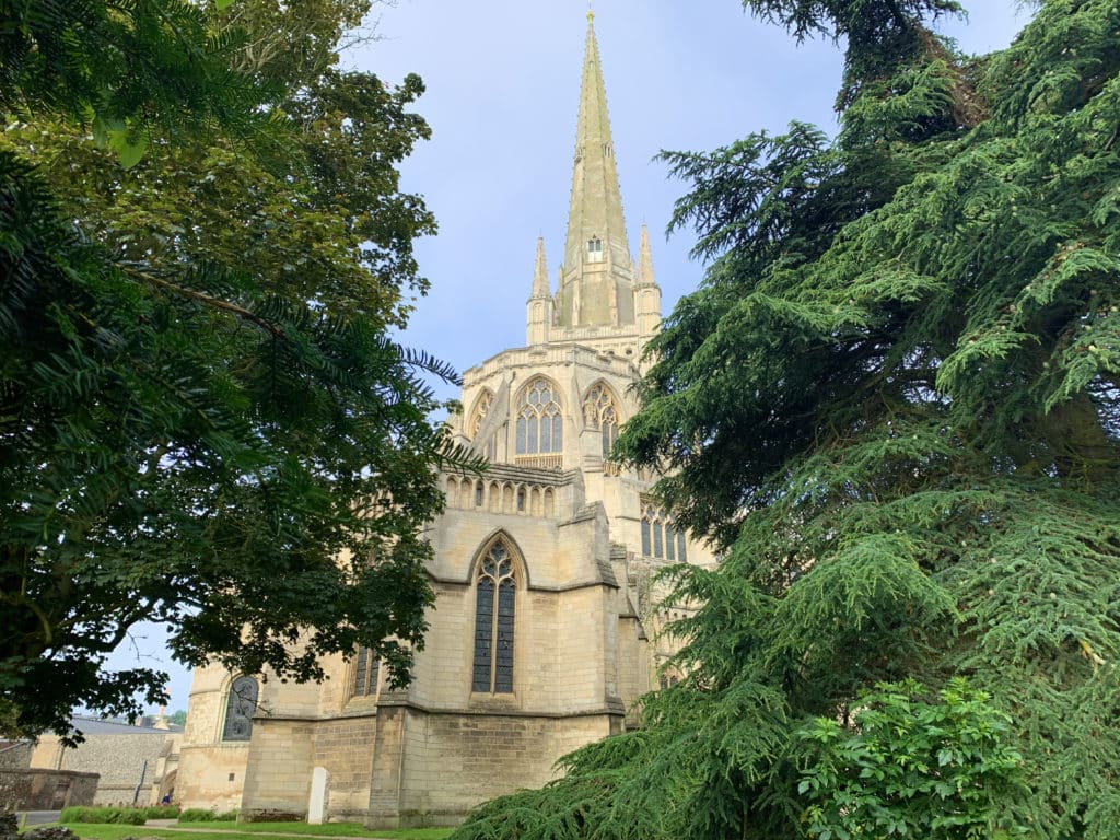 The back end of Norwich cathedral which is covered up by the large trees against bright blue skies.