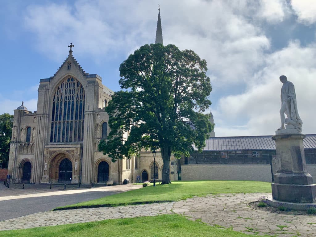 The exterior of Norwich Cathedral with a tree in front and patches of grass in front.