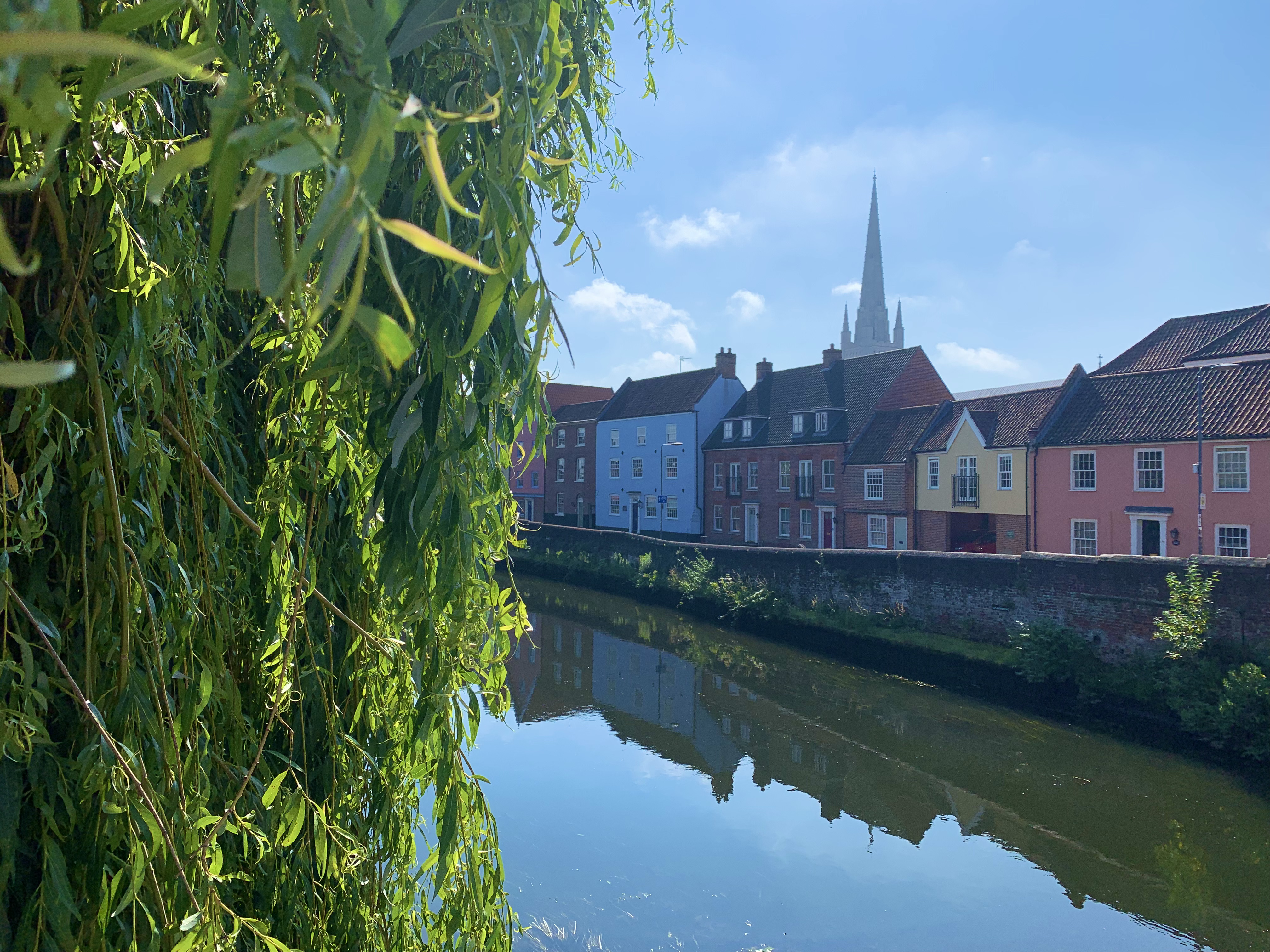 A row of colourful houses with a stone wall and foliage peeping through from the left. The river Wensum is winding through the centre in Norwich.