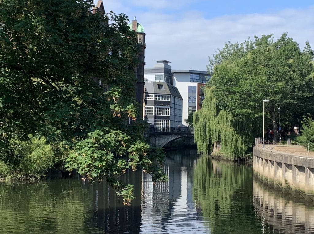 An alternate view of the River Wensum in Norwich, with buildings at the end and trees at either side.