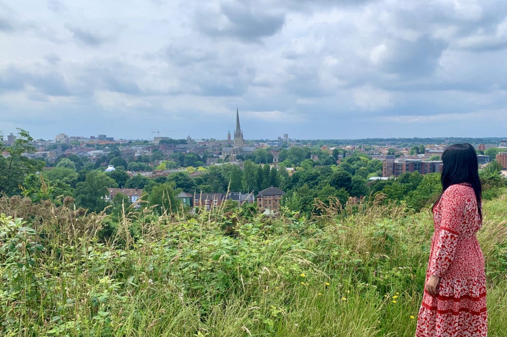 Bejal wearing a red and white dress, standing in front of the wild grass with Norwich skyline in the background. In the distance you can see Norwich cathedral. the skies are cloudy and grey.