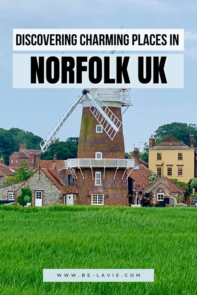Norfolk Guide Pinterest Pins overlayed with 1 image. Text reads discovering charming places in Norfolk, Uk