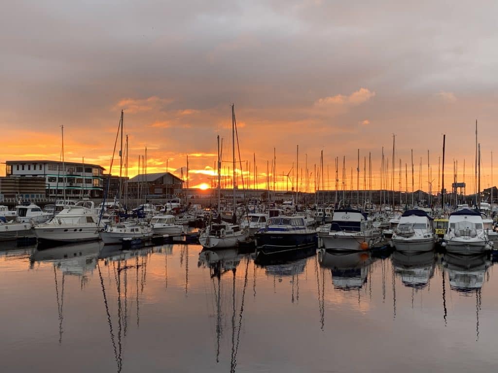Waterfront marina sunrise
