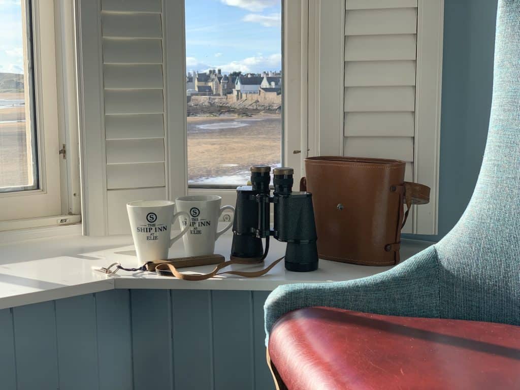 The Ship Inn View, Fife from the room with binoculars, case and 2 Ship Inn mugs, Elie