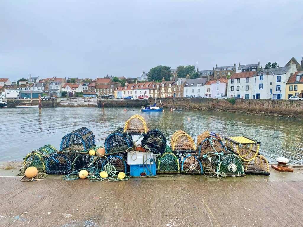 Villages and towns in Fife: St Monans Harbour, Fife with oyster crates and nets