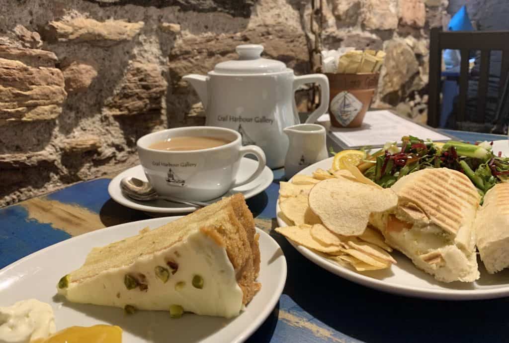 Villages and towns in Fife: Crail Harbour Gallery & Tearooms with cake, sandwiches, teapot, salad and crisps 