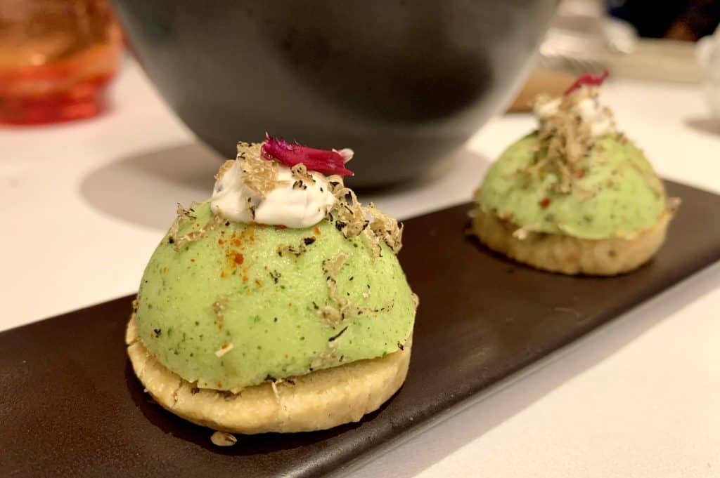 Villages and towns in Fife: The Peat Inn, vegetarian Amouse Bouches on a slate plate