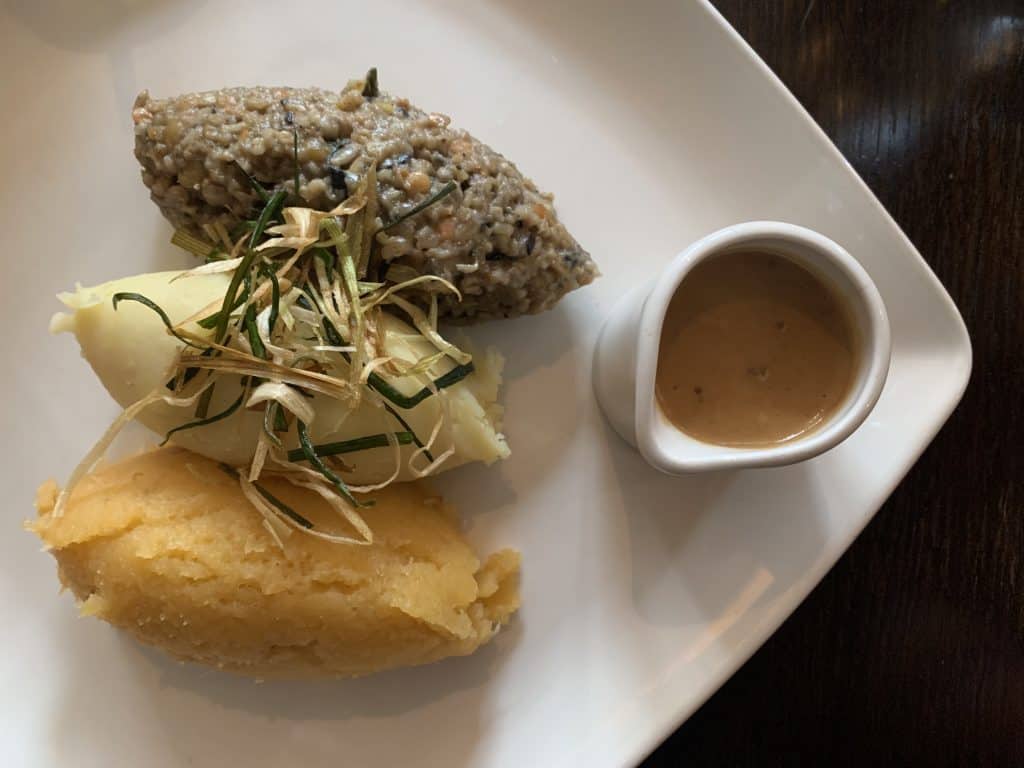 Whiski Rooms, Edinburgh. A top lay of vegetarian Haggis with neeps and tattie and whisky sauce. Located in Edinburgh