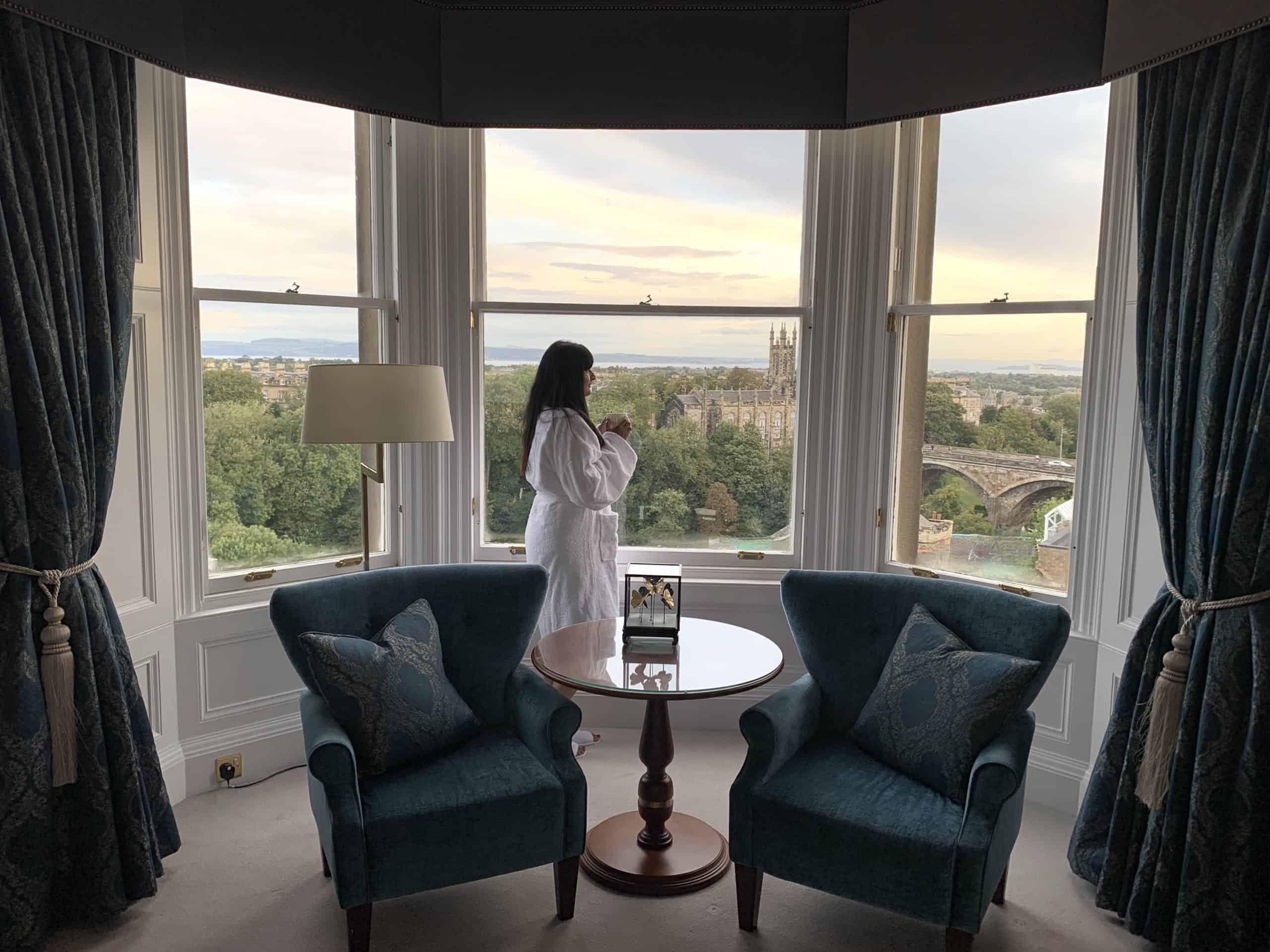 The Bonham Junior Suite Views with Bejal looking out of the window, Edinburgh