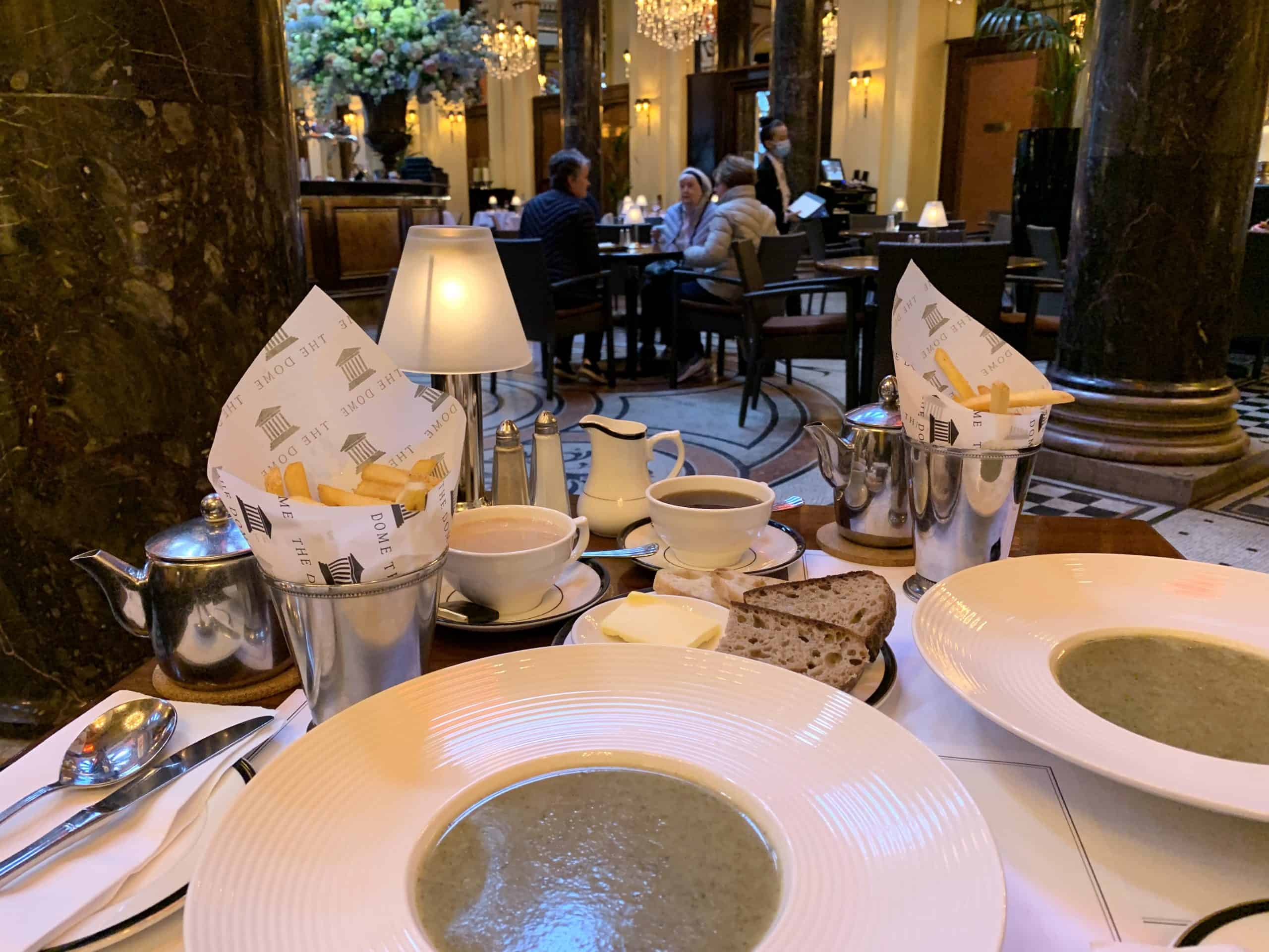 The Dome, Edinburgh. A bowl of soup, bread and fries. Located in Edinburgh
