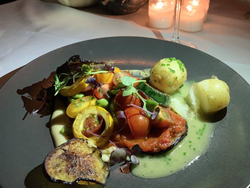 The Witchery by the Castle, Edinburgh. A deconstructed roasted vegetable dish with sauce. Located in Edinburgh