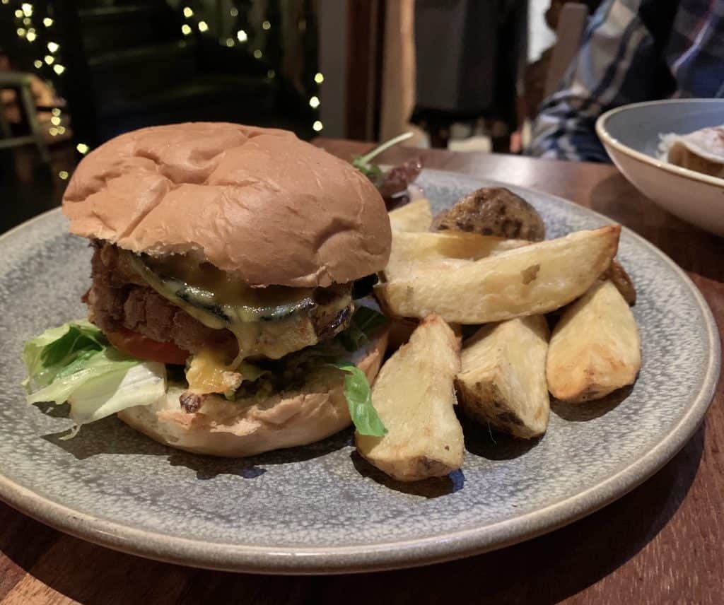Vegetarian Food in Scotland: Stravaigans, Glasgow. An Okra Burger with hand cut chips.