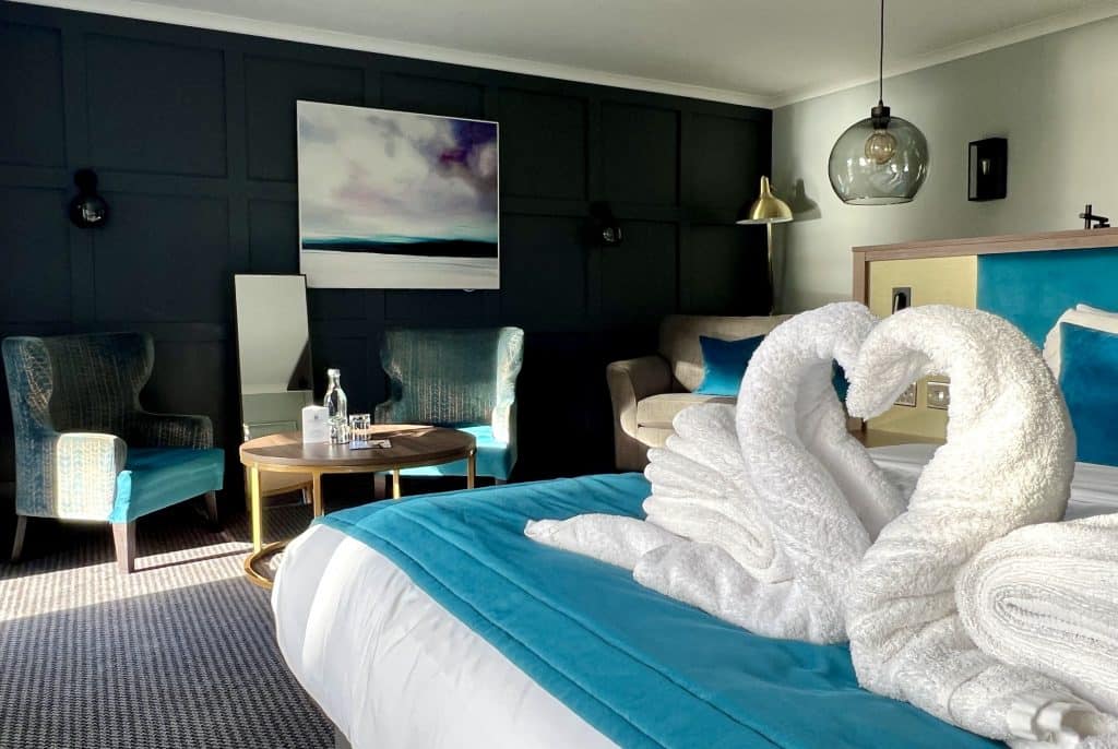 Rutland Hall Hotel & Spa Superior Double Lakeview bed with towel swans on bed