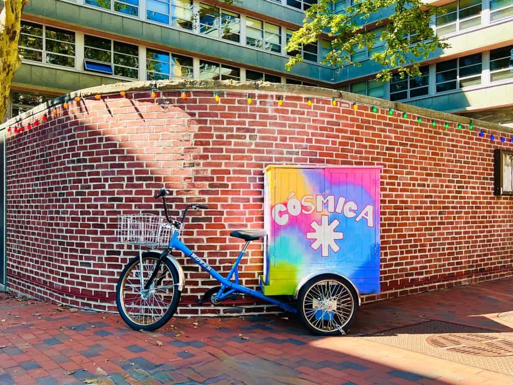Cosmica Mexican restaurant outdoor bicycle. Vegetarian food in Boston