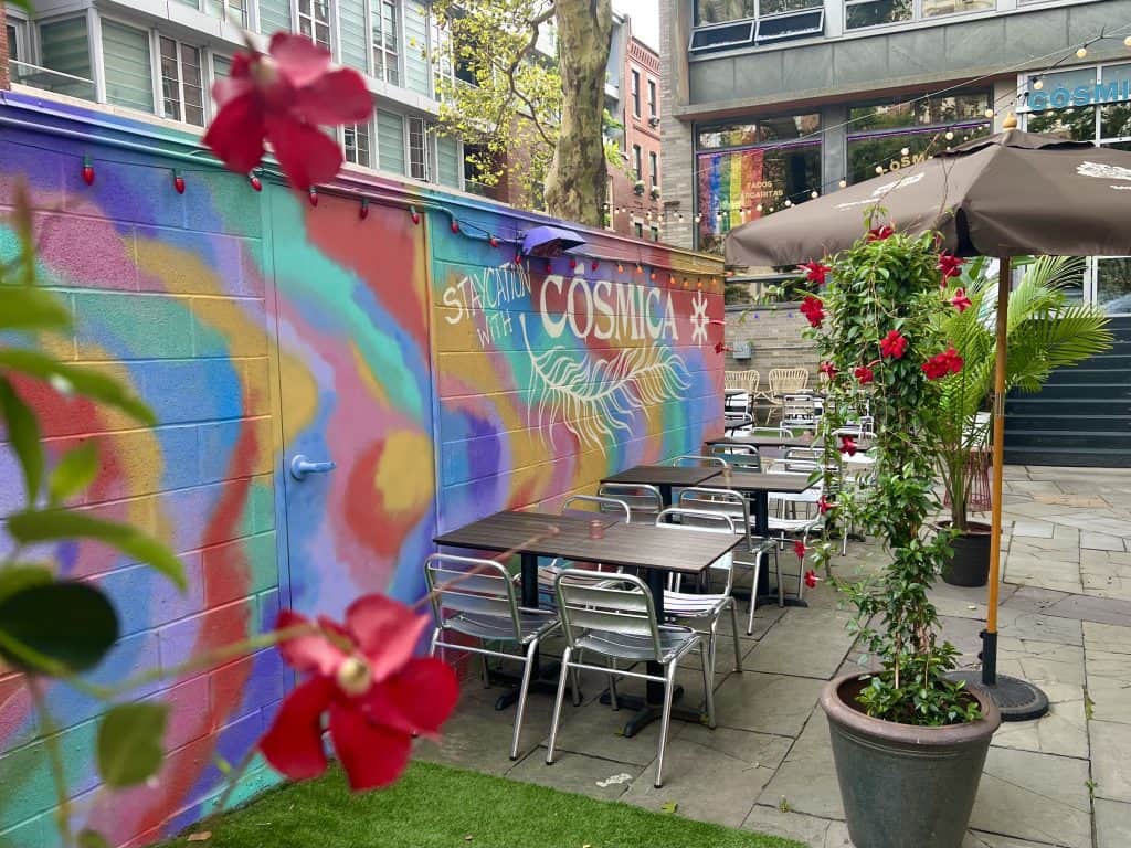 Outdoor seating area at Cosmica, Boston