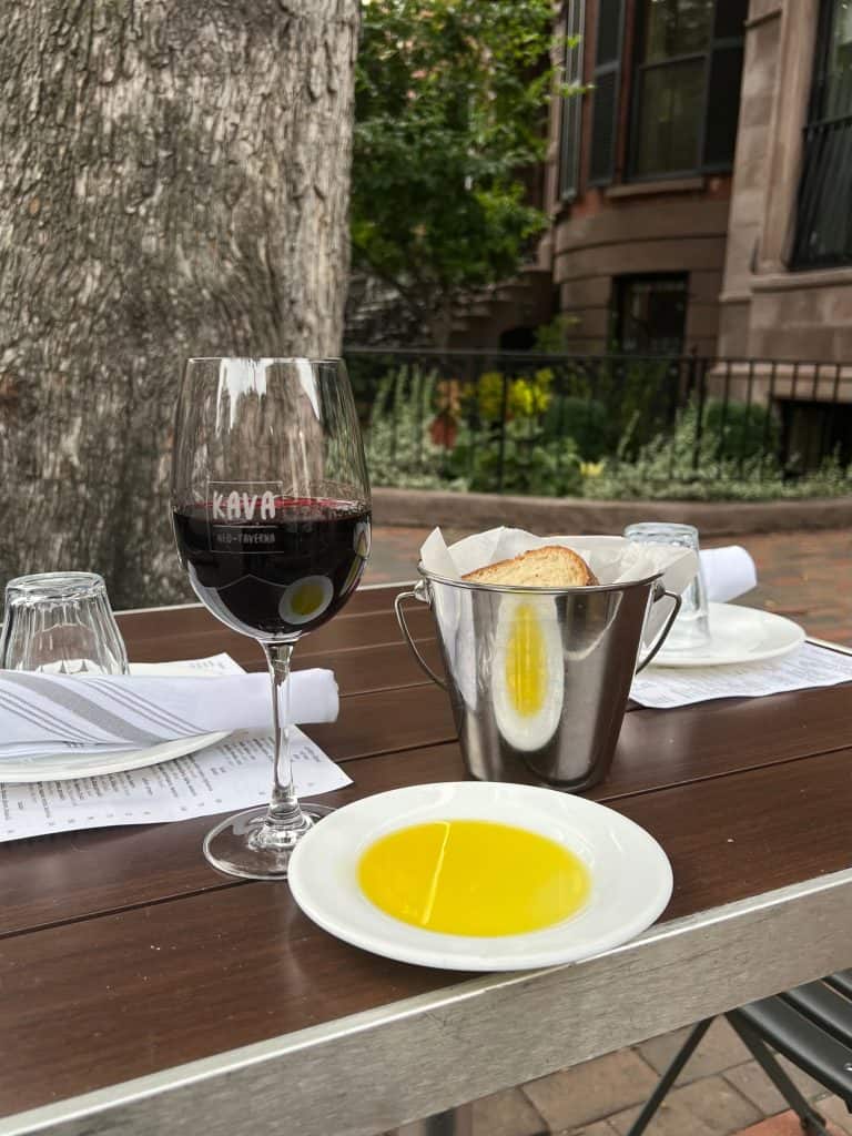 Vegetarian food in Boston, Kava Neo taverna, wine, oil and bread