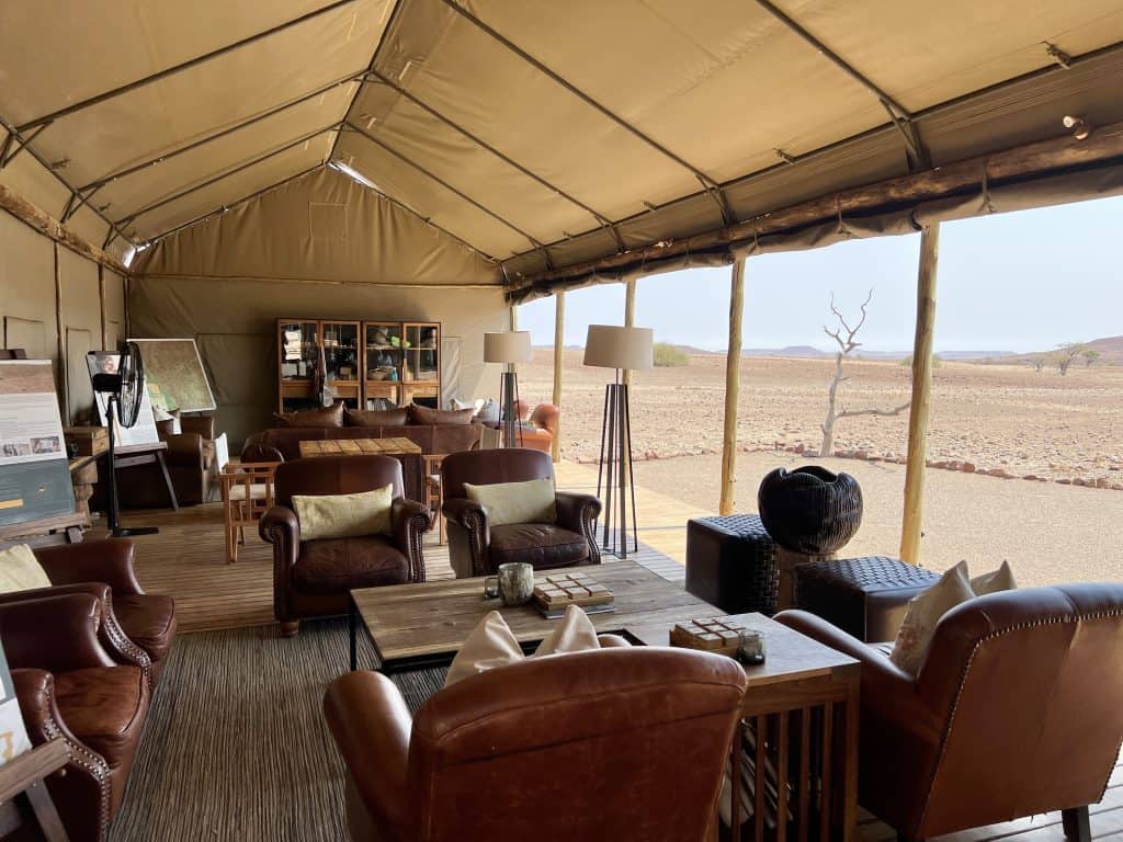 Eco-friendly Lodges in Namibia: Desert Rhino Camp: Dining and Lounge area