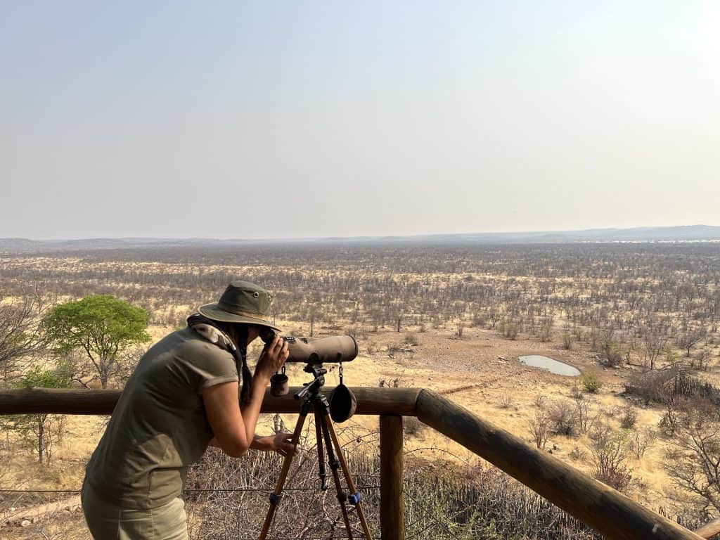 Eco-friendly Lodges in Namibia: Ongava Lodge with Bejal looking out to waterhole