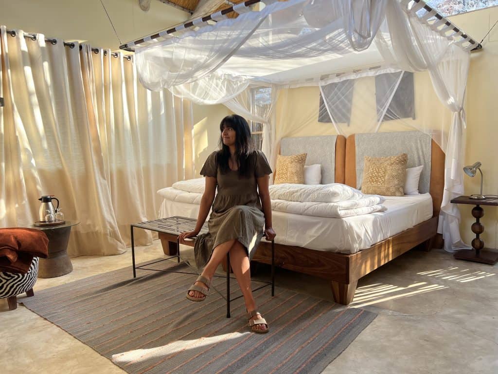 Eco-friendly Lodges in Namibia: Ongava Lodge villa bed with Bejal