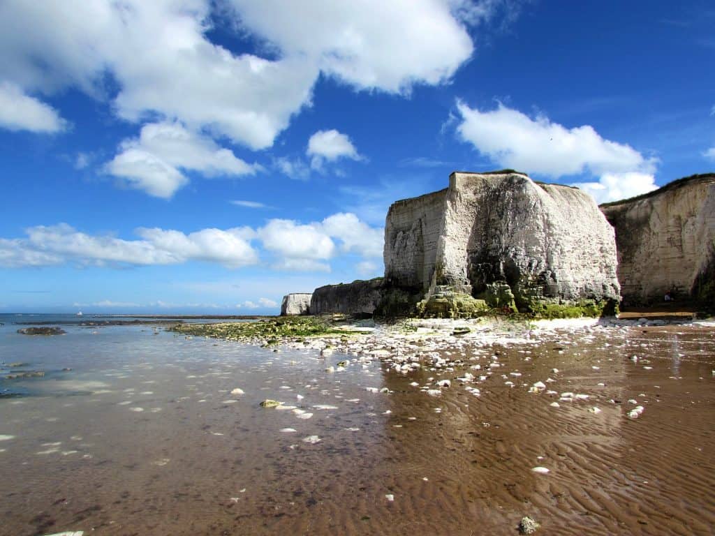 Botany Bay Beach, cliffs and sea in Kent with bright blue skies