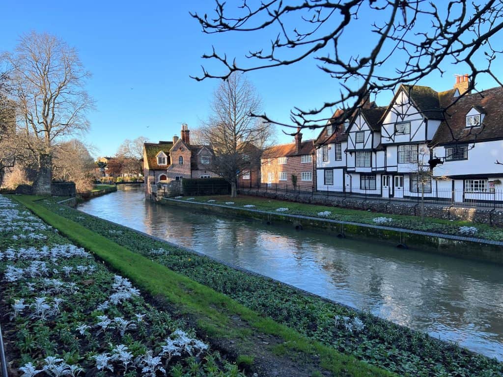 Westgate Gardens and River Stour in the winter with frost on the flowers and blue skies