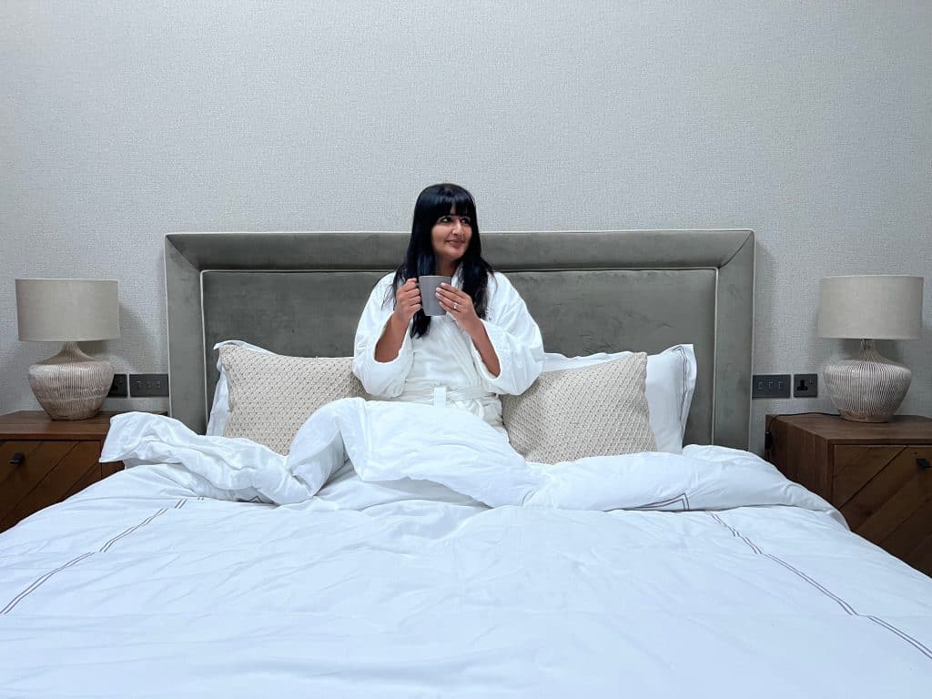 Bejal in Bed at a stay at The Merchant's Yard, Tideswell