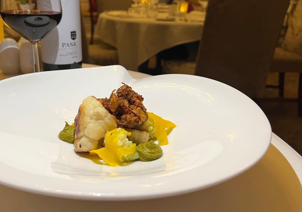 Textures of Cauliflower, Green Chilli, Coriander, Coconut & Lime, vegan main course