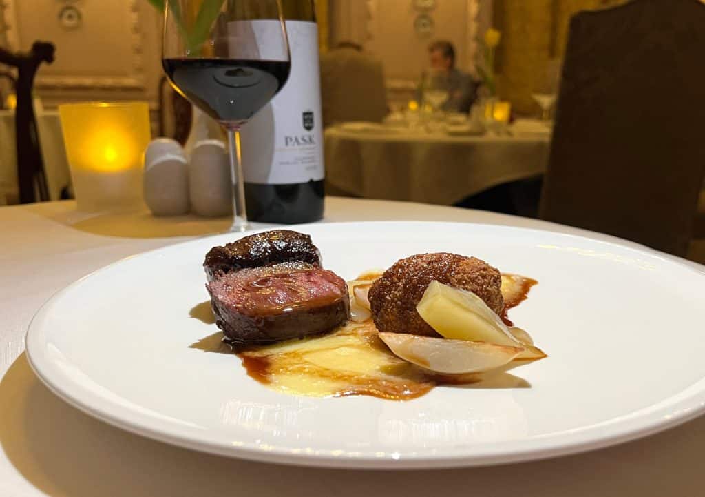 Venison Loin, Braised Shoulder, Pear, Iarasalem Artichoke & Whipped Beauvale Blue, main course