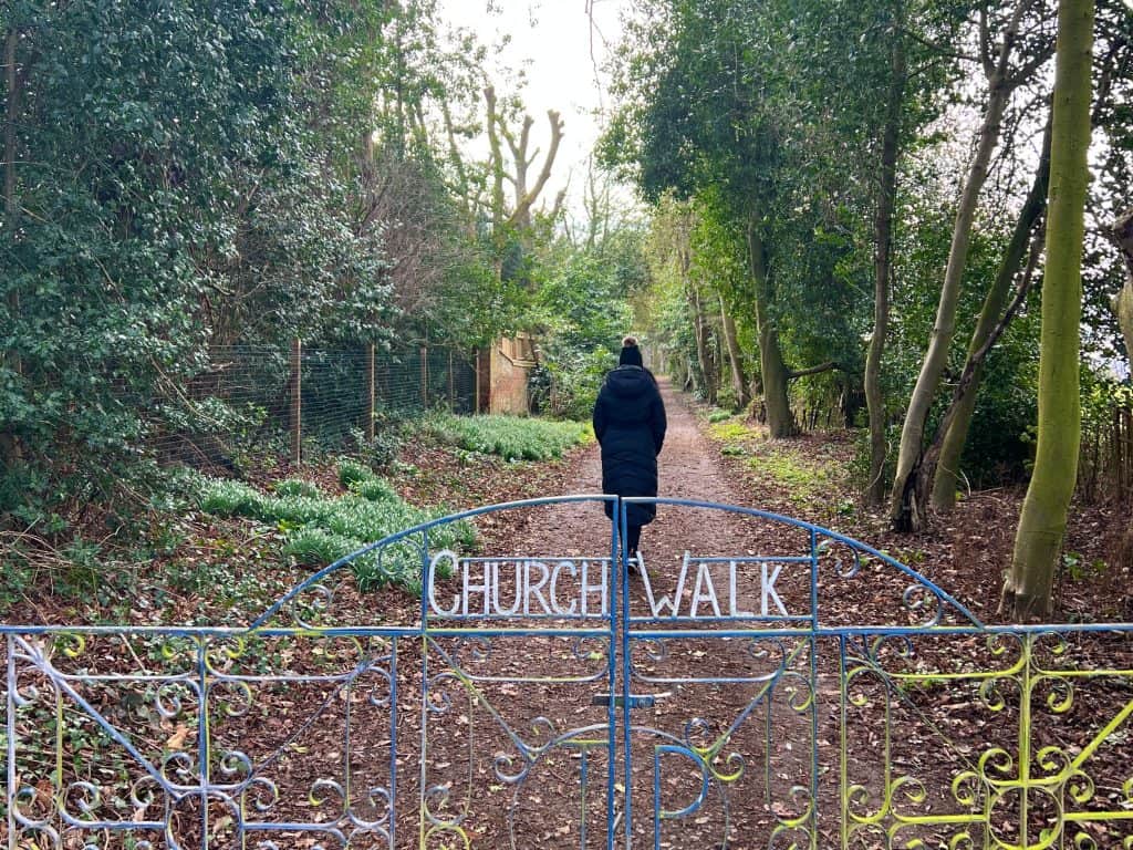 Bejal walking down Church Walk in Kirkby Mallory