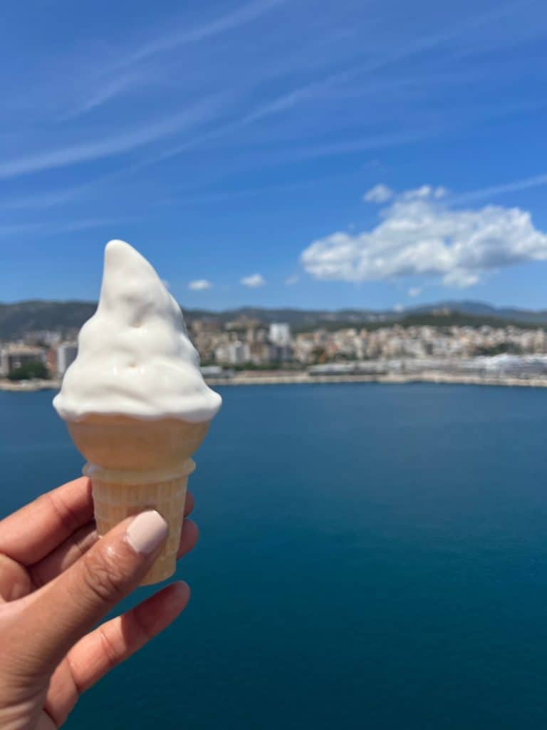 Vanilla Ice-cream with backdrop of Palma de Mallorca
