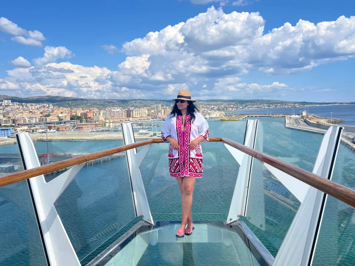 Bejal on glass deck at the front of the ship