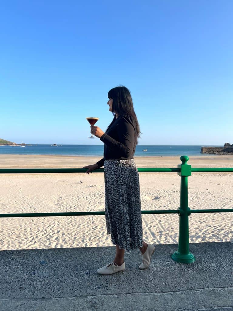 Bejal sipping on Espresso Martini at St Brelade's Beach