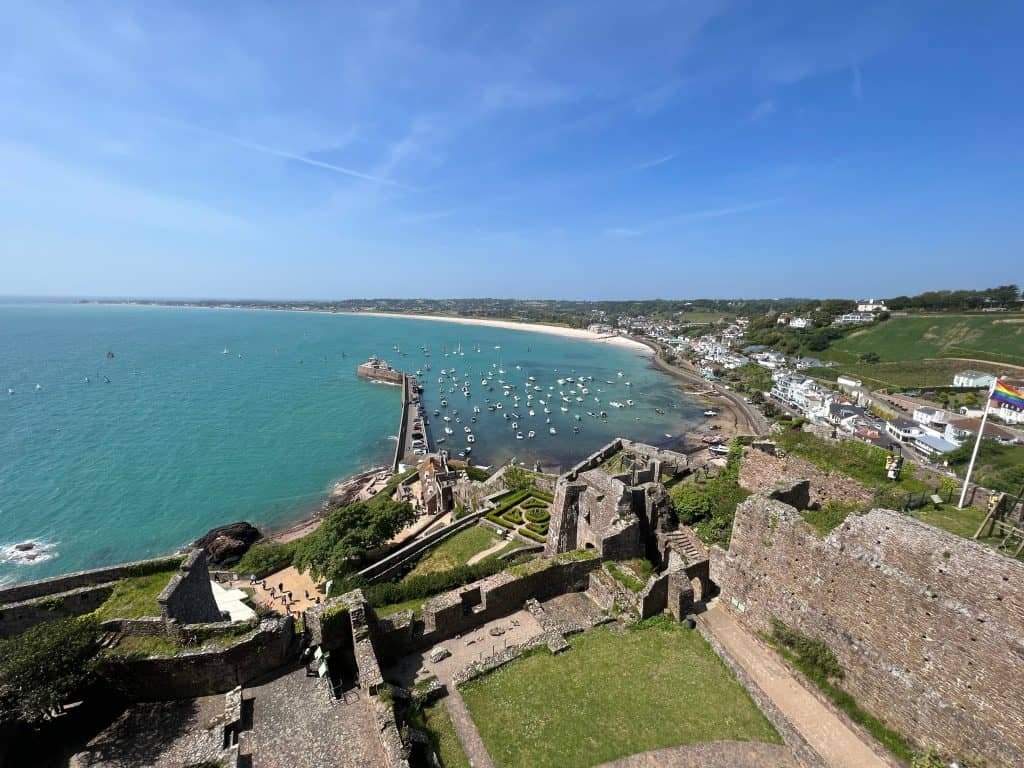 Mont Orgueil astle view of Gorey Harbour fishing village