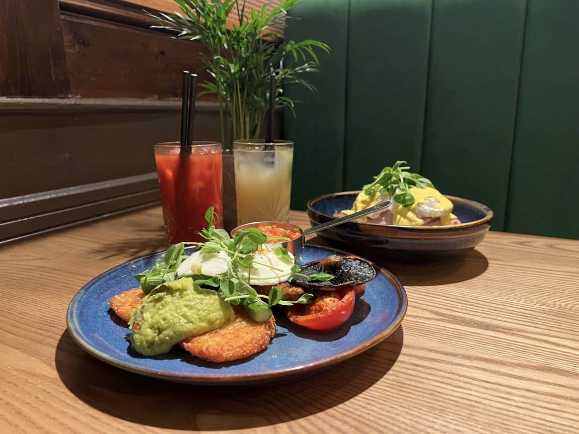 Brunch at The Forge Inn: Eggs Benedict and Vegetarian Full English Breakfast