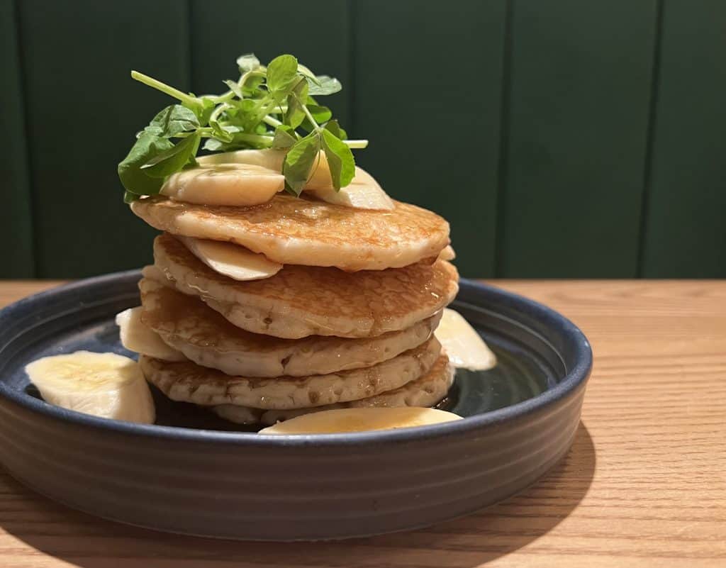 Brunch at The Forge Inn: Pancake stack with bananas and Maple syrup