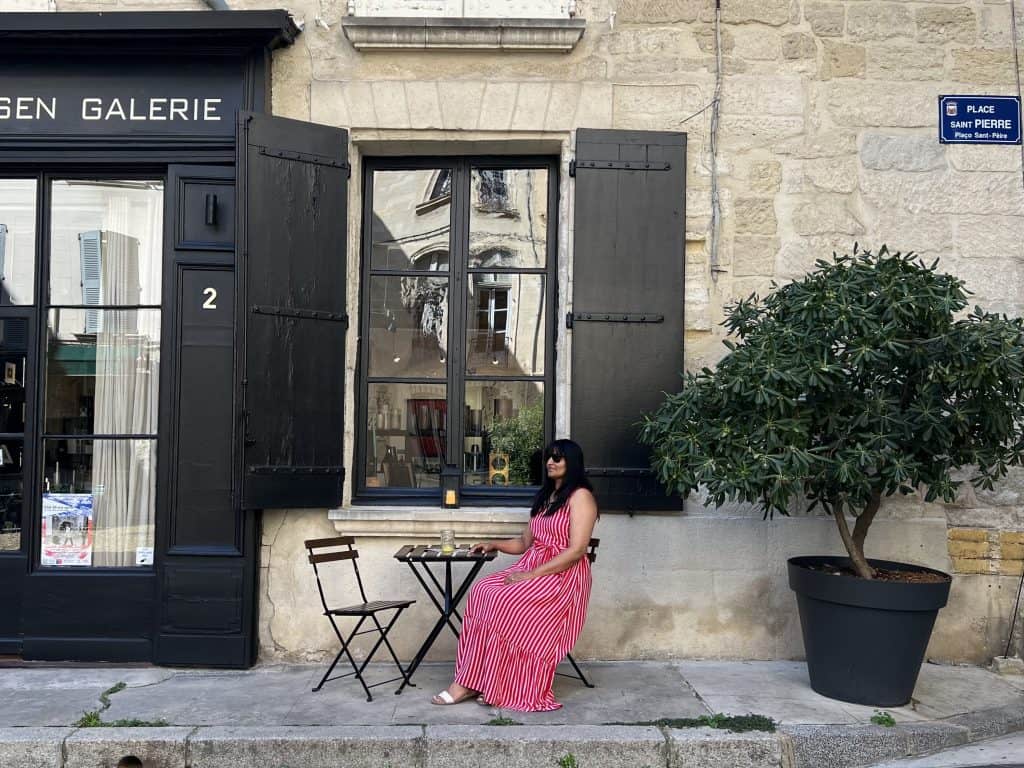 Bejal outside antiques store and cafe