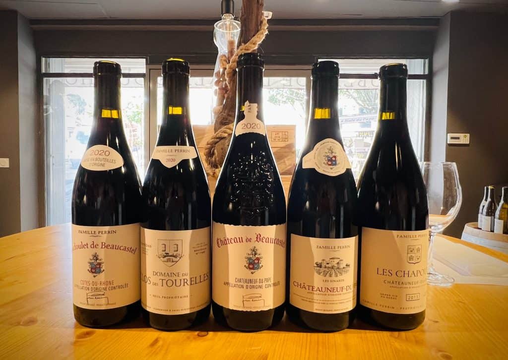 Wineries in Châteauneuf-du-Pape: Wine bottle selection at Domaine de Beaucastel