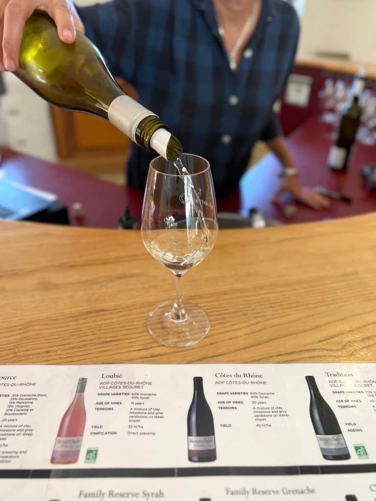 Wineries in Châteauneuf-du-Pape:wine tasting set-up at Domaine de Mourchon