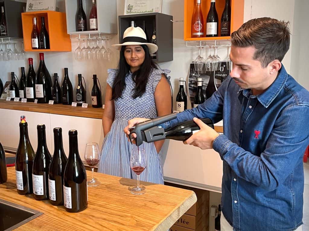 Bejal and Alex (sommelier) at wine tasting at Domaine de l'odylee