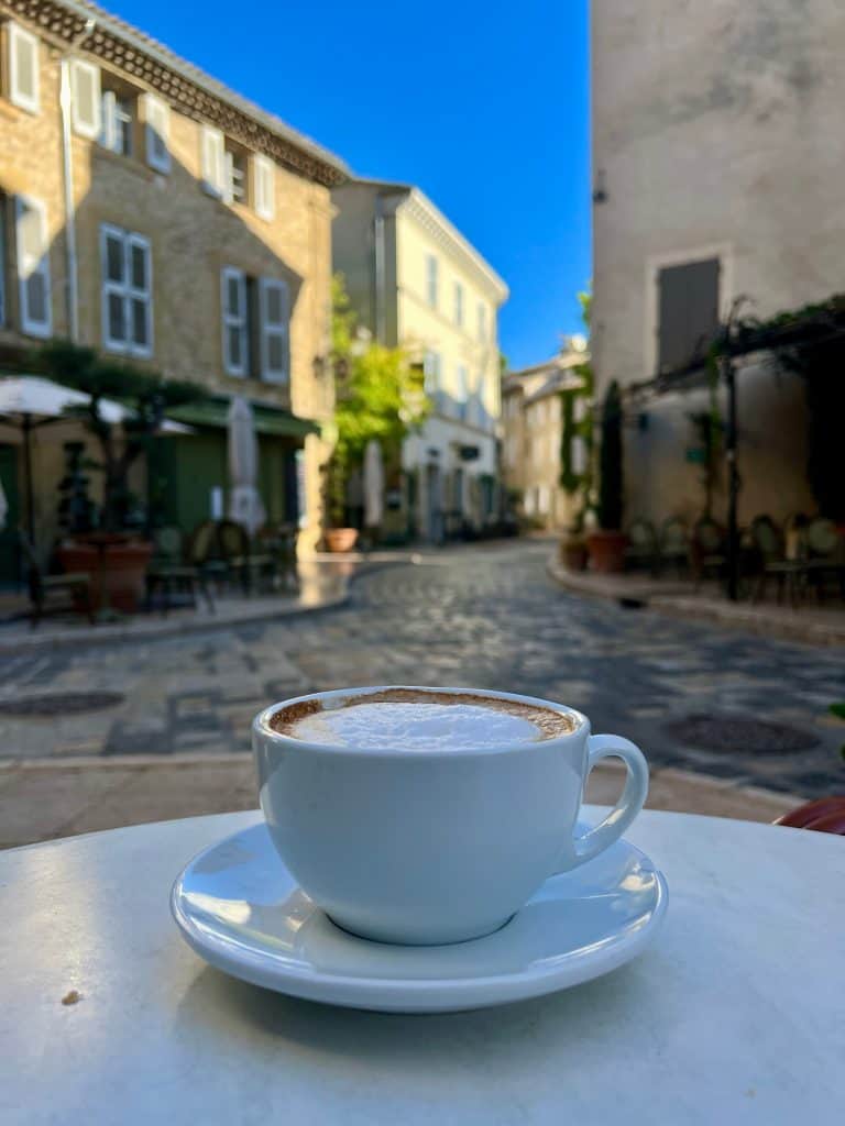 Lourmarin - cafe Gaby cappuccino with street view
