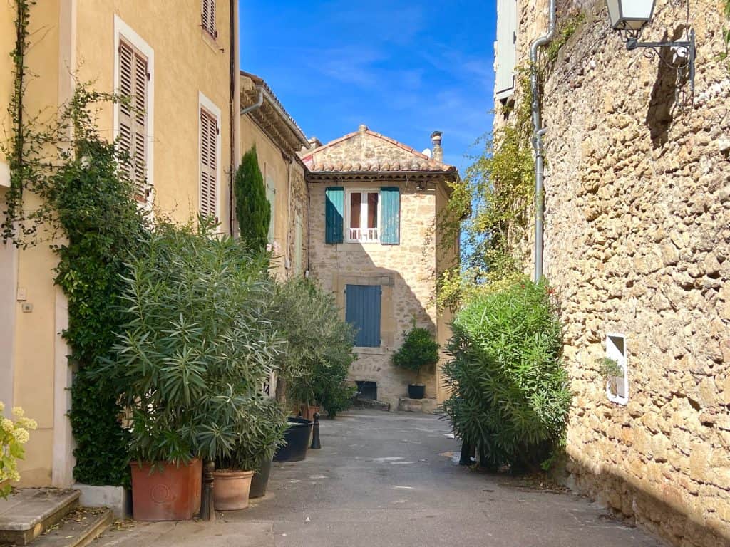 Cobbled-stone lane in Ansouis with stone houses and green foliage