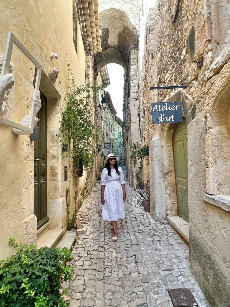 Bejal walking down medieval lane in Seguret